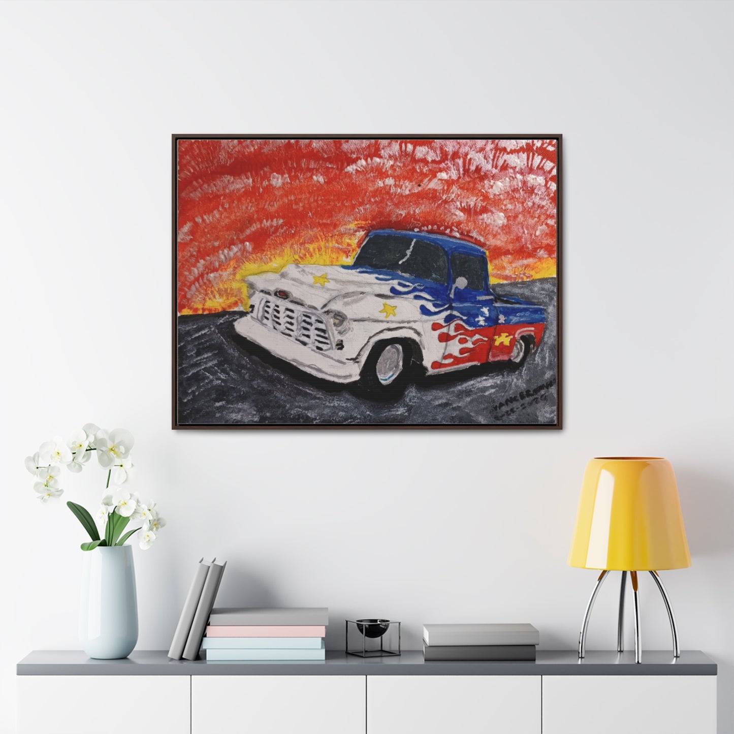 Flaming Acadian flag pickup truck hot rod Canvas Art