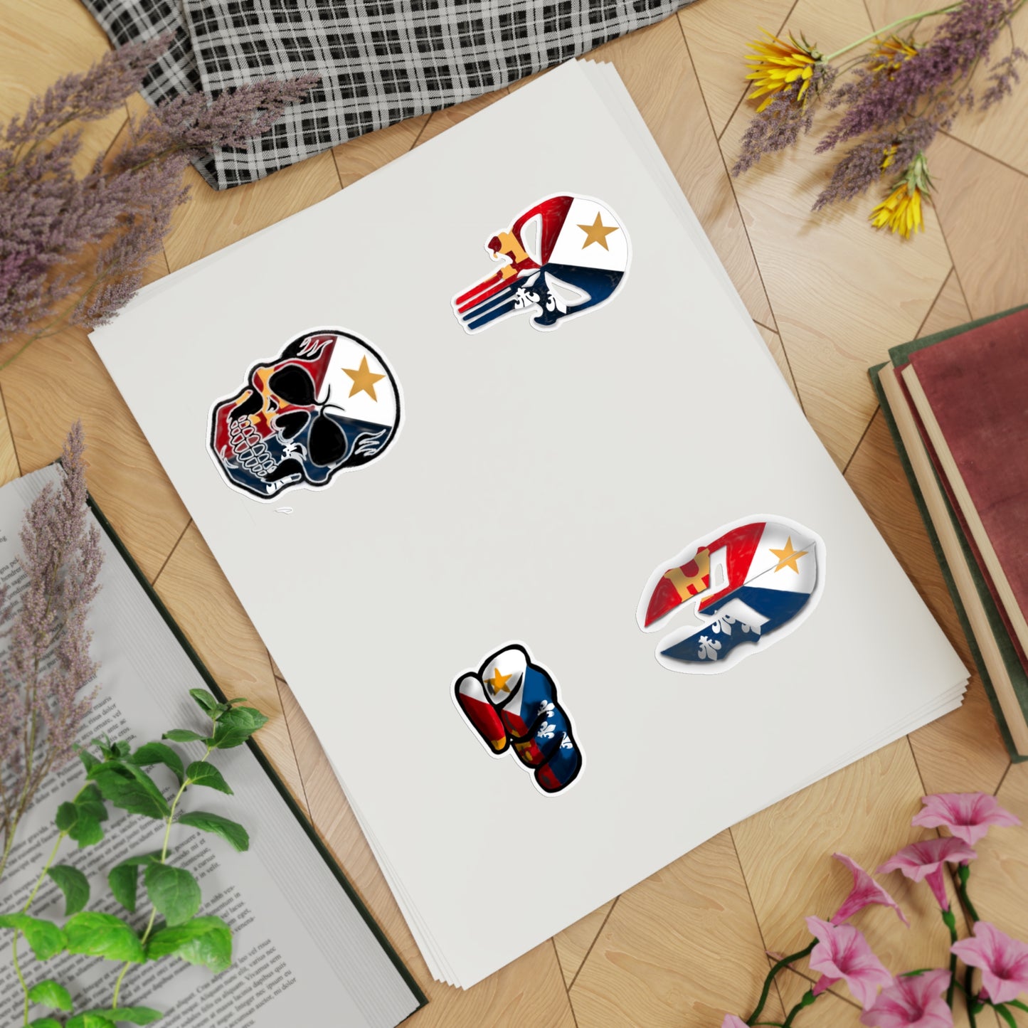 Acadian Flag Sticker Pack — 5pcs Skull, Punisher & Spartan Helmet Sheet