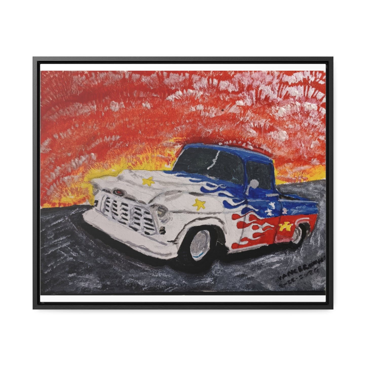 Flaming Acadian flag pickup truck hot rod Canvas Art