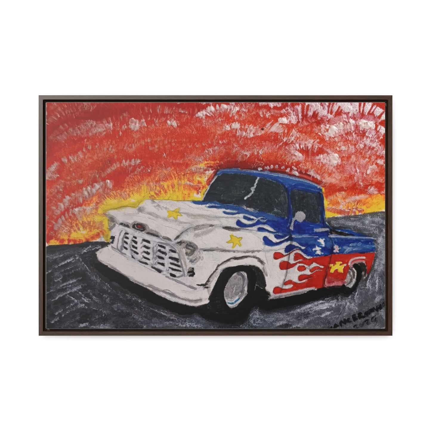 Flaming Acadian flag pickup truck hot rod Canvas Art