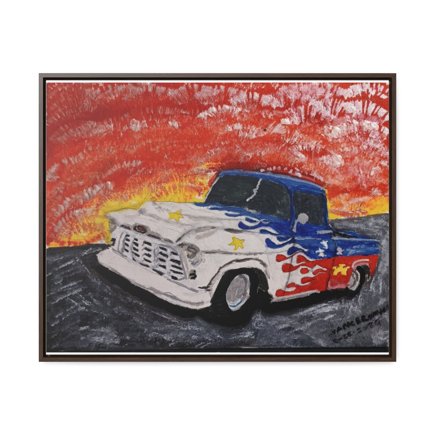 Flaming Acadian flag pickup truck hot rod Canvas Art