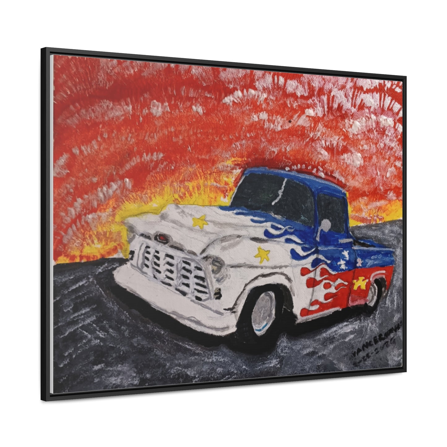 Flaming Acadian flag pickup truck hot rod Canvas Art