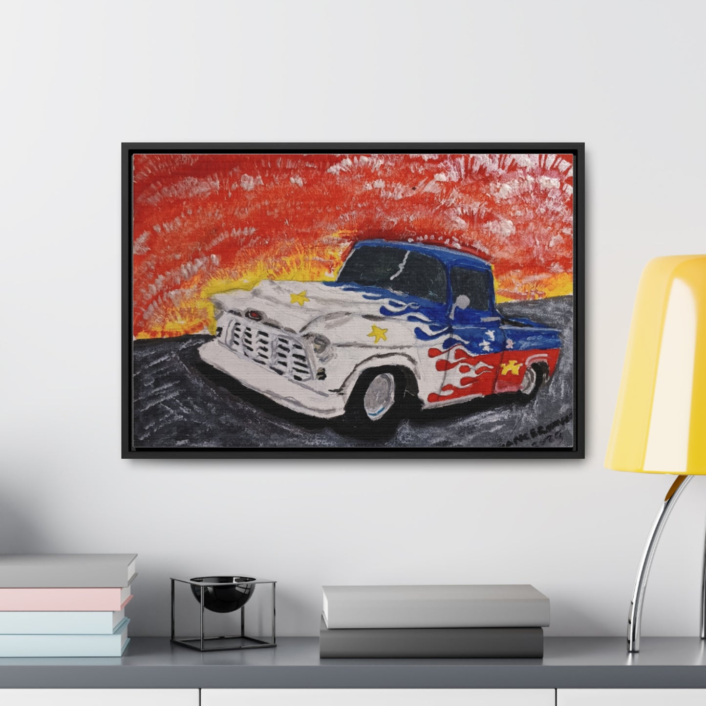 Flaming Acadian flag pickup truck hot rod Canvas Art