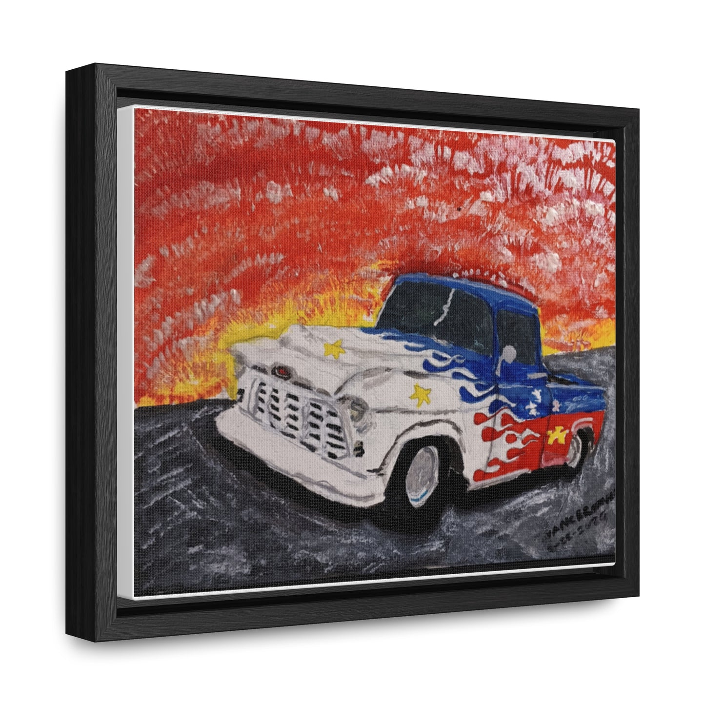 Flaming Acadian flag pickup truck hot rod Canvas Art