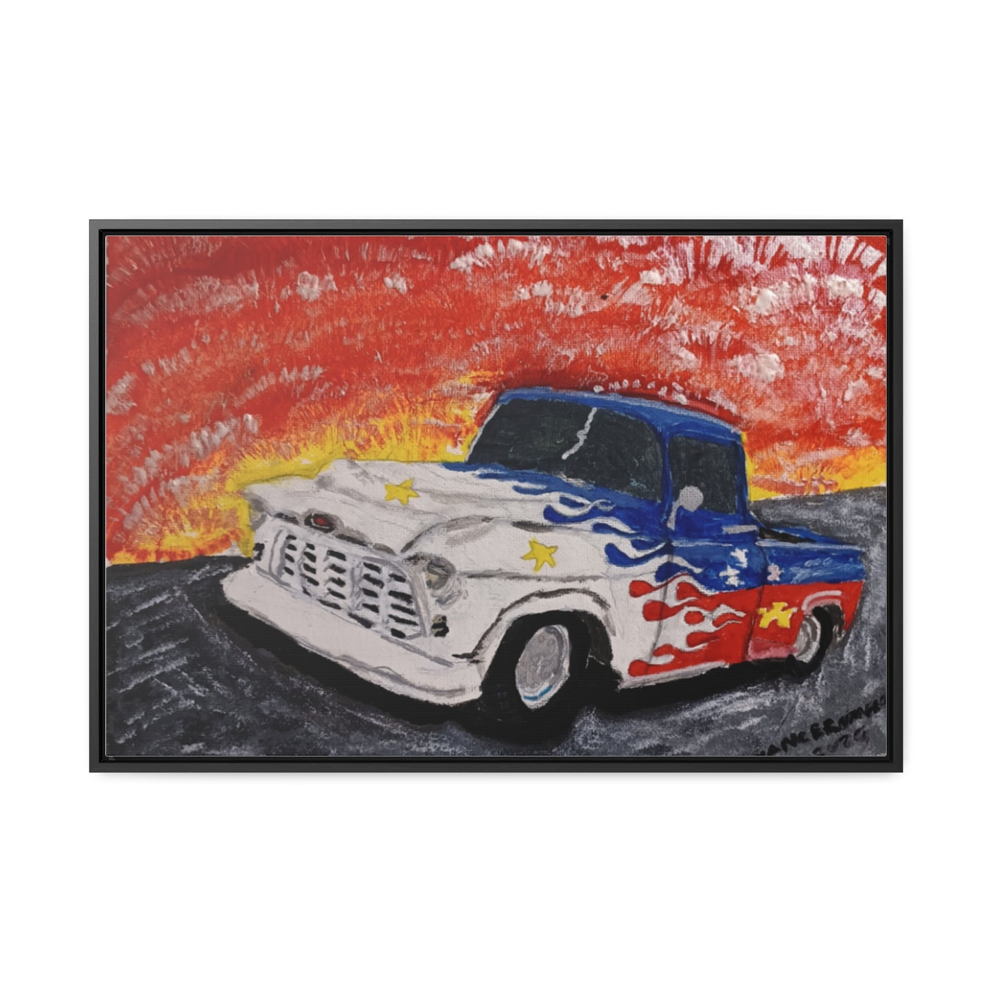 Flaming Acadian flag pickup truck hot rod Canvas Art