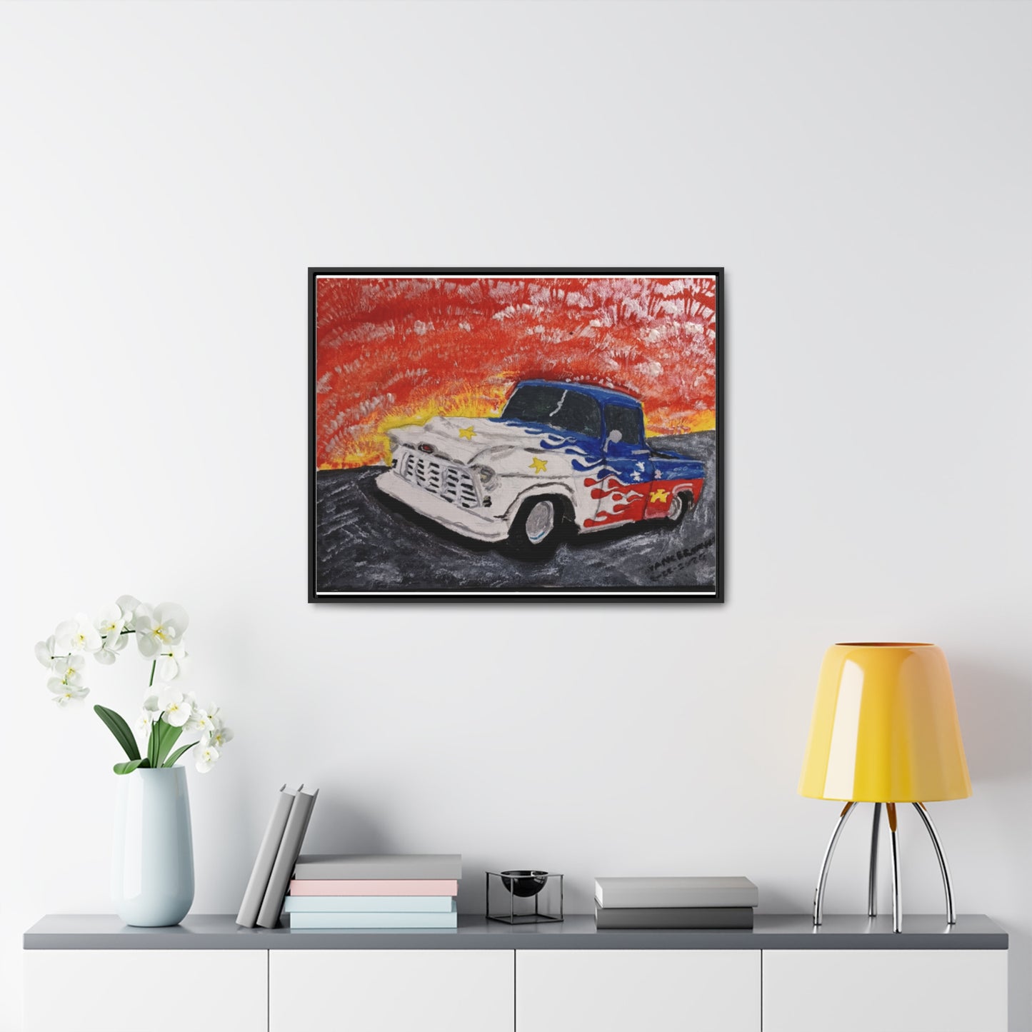 Flaming Acadian flag pickup truck hot rod Canvas Art