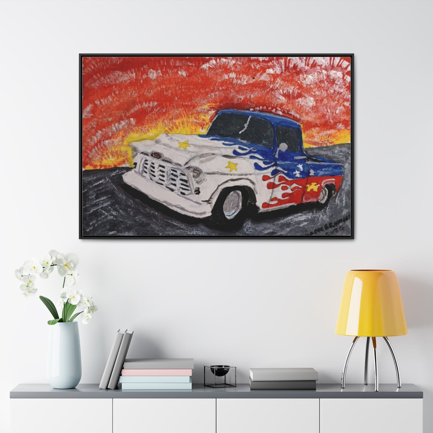 Flaming Acadian flag pickup truck hot rod Canvas Art