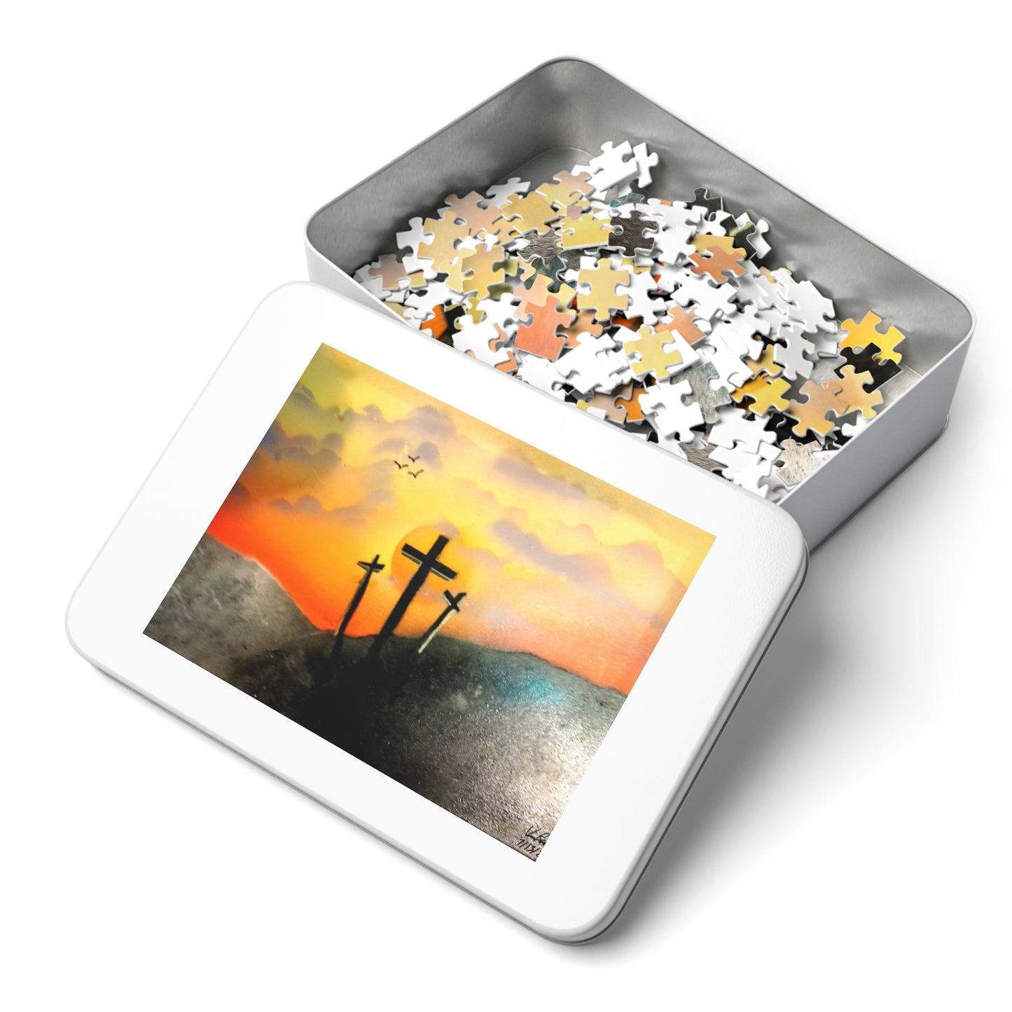 Sunset at Calvary Jigsaw Puzzle with Tin