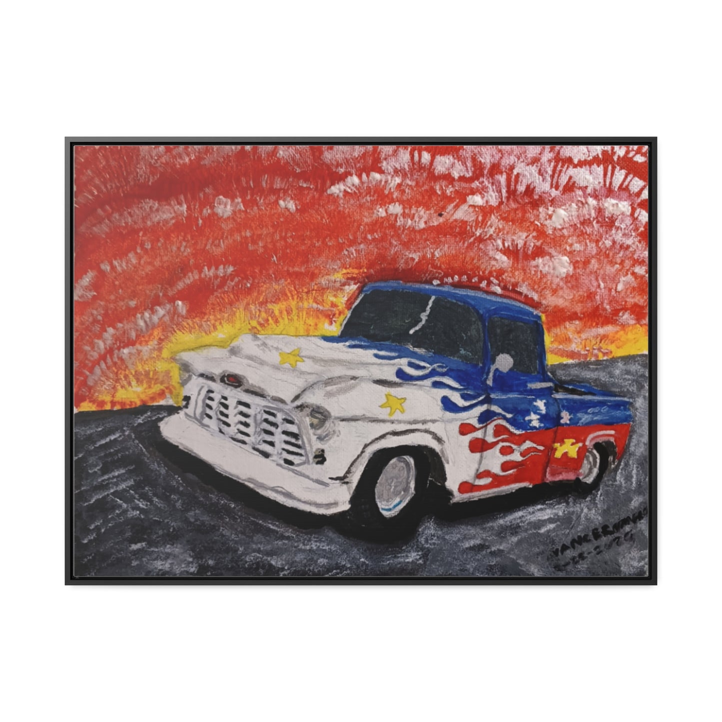 Flaming Acadian flag pickup truck hot rod Canvas Art