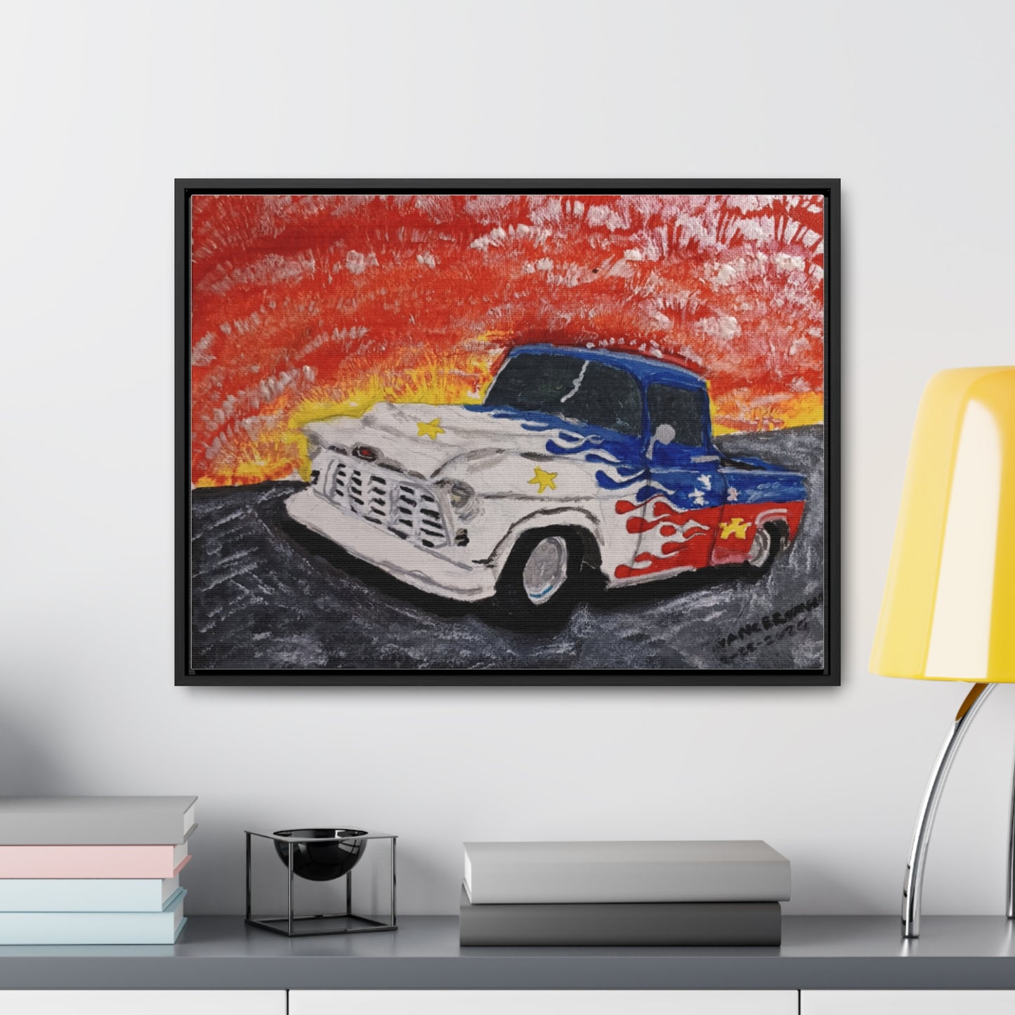 Flaming Acadian flag pickup truck hot rod Canvas Art