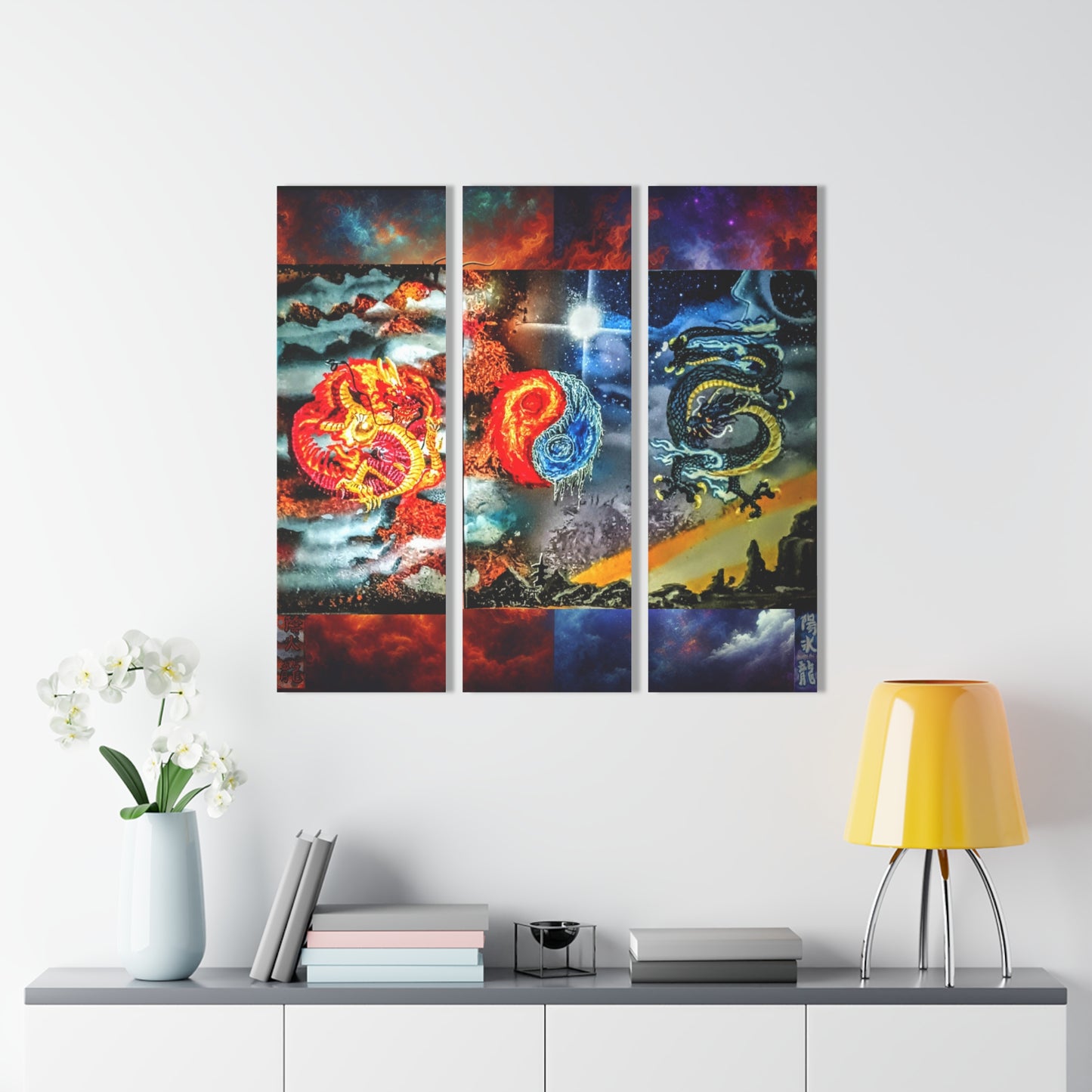 Triptych Acrylic Print — Fantasy Yin Yang Dragons, Fiery Mystic Sky