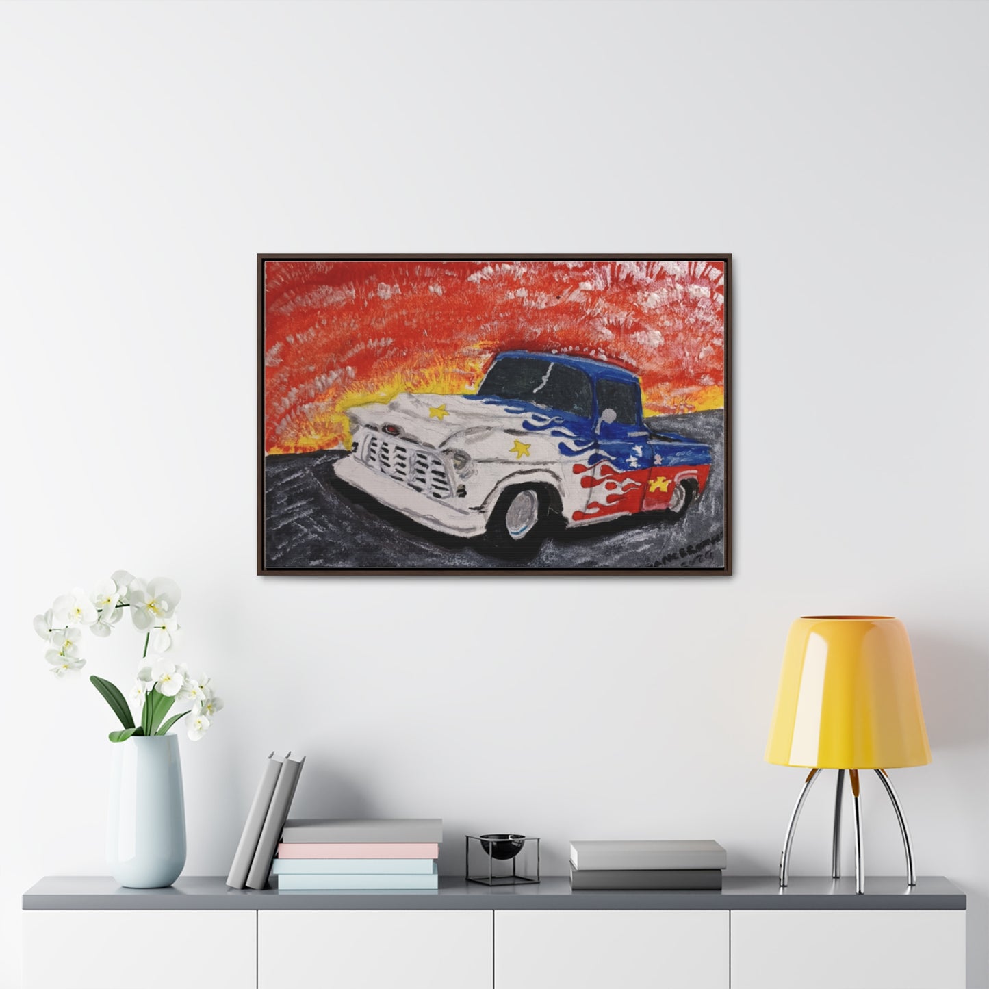 Flaming Acadian flag pickup truck hot rod Canvas Art