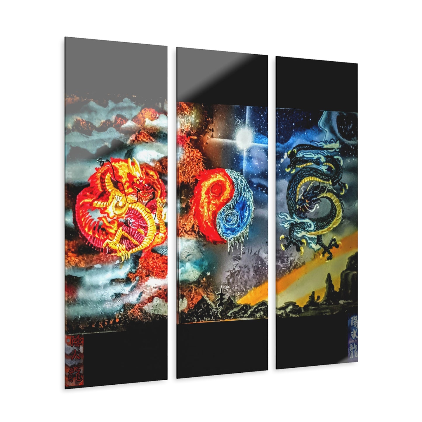 Triptych Acrylic Print — Fantasy Yin Yang Dragons, Fiery Mystic Sky