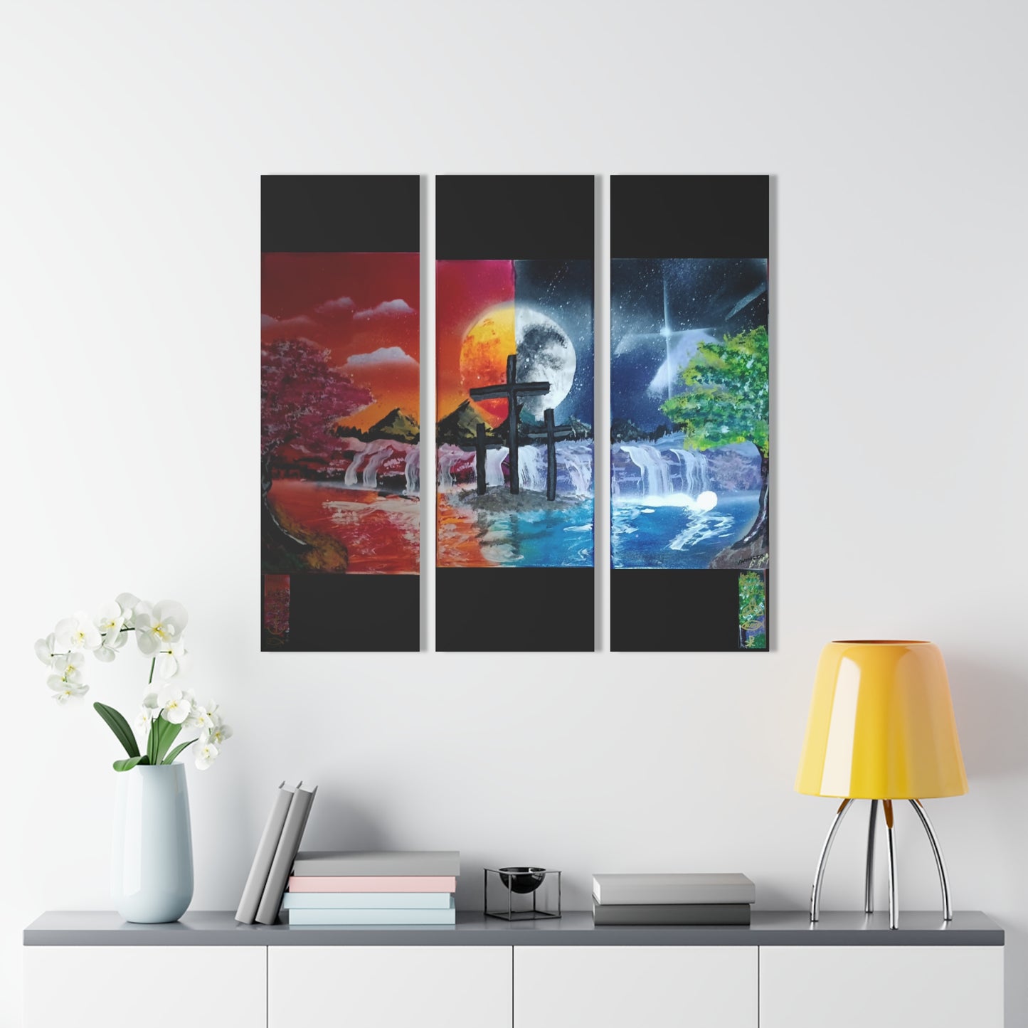 Triptych Acrylic Wall Art — Colorful Sunrise & Moonlit Waterfall Landscape with Calvary Crosses
