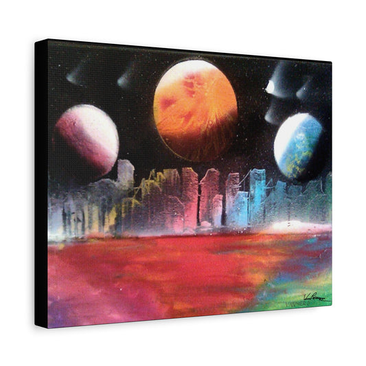 Cosmic Cityscape Matte Canvas Print — Stretched 1.25" Spray Paint Art
