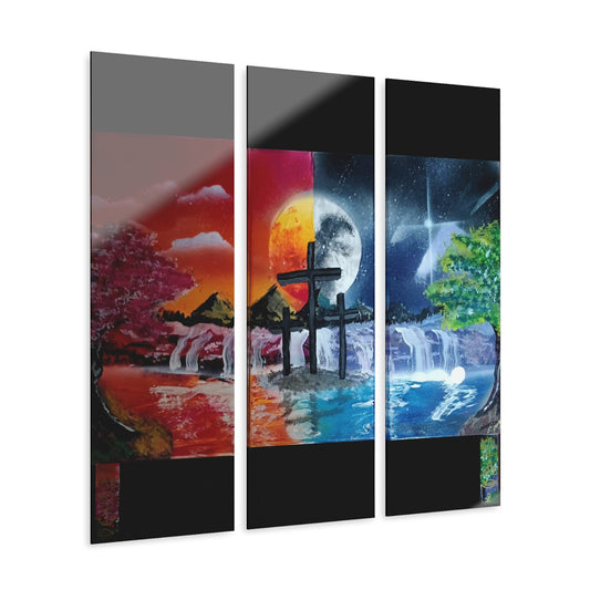Triptych Acrylic Wall Art — Colorful Sunrise & Moonlit Waterfall Landscape with Calvary Crosses