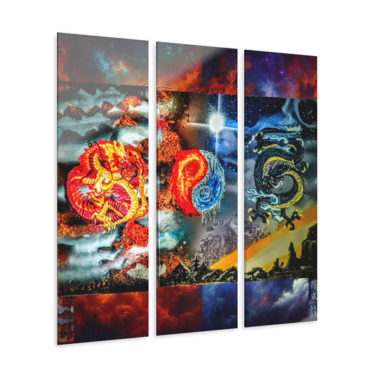 Triptych Acrylic Print — Fantasy Yin Yang Dragons, Fiery Mystic Sky