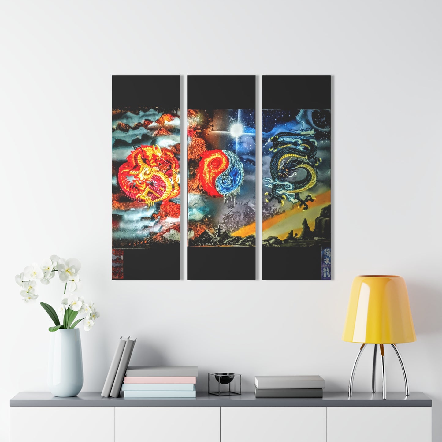 Triptych Acrylic Print — Fantasy Yin Yang Dragons, Fiery Mystic Sky